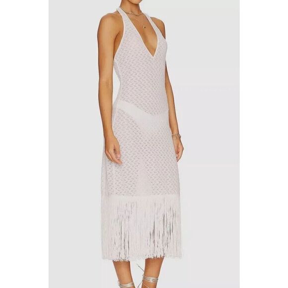 Waimari D267LCW Women's Sz Medium White Levisa Fringe Hem Halter Midi Dress - Picture 15 of 15